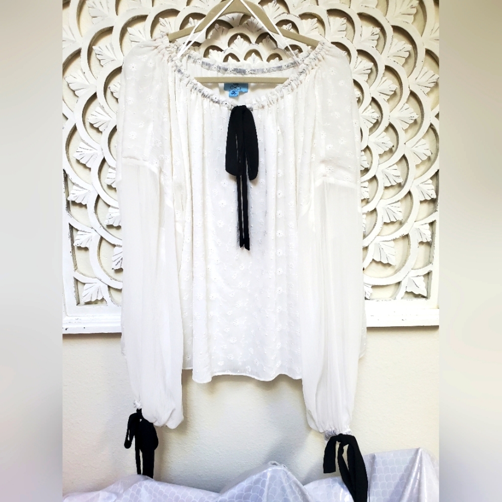 CeCe White Peasant Blouse with Black Ties